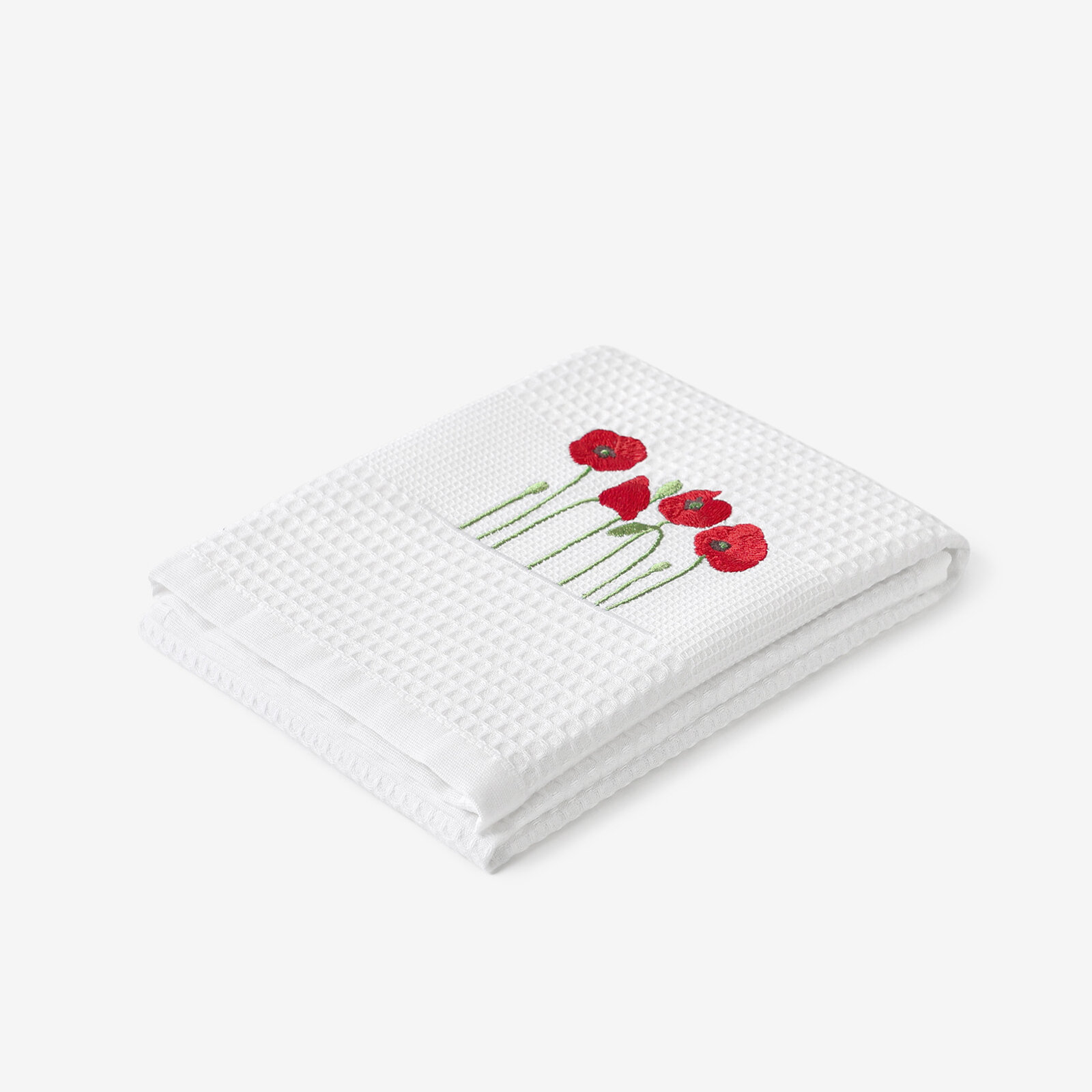Waffel-Geschirrtuch mit Stickerei - Mohnblumen auf Weiß