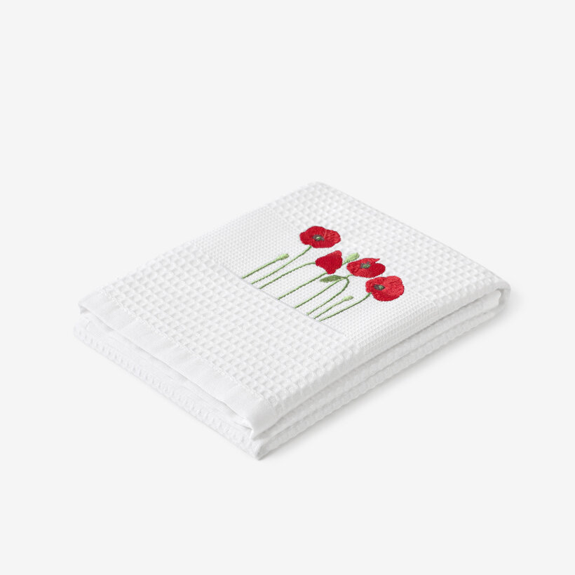Waffel-Geschirrtuch mit Stickerei - Mohnblumen auf Weiß