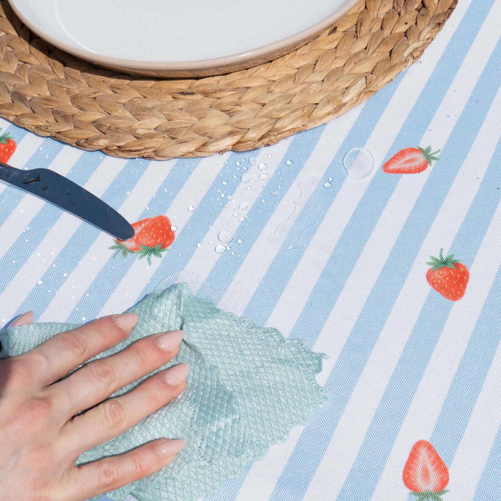 Eckige Tischdecke Teflon - blaue Streifen mit Erdebeeren