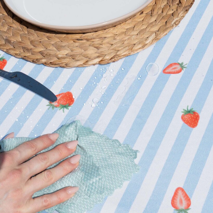 Eckige Tischdecke Teflon - blaue Streifen mit Erdebeeren