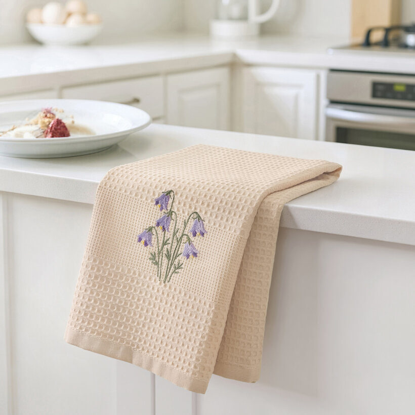 Waffel-Geschirrtuch mit Stickerei - Glockenblumen auf Beige