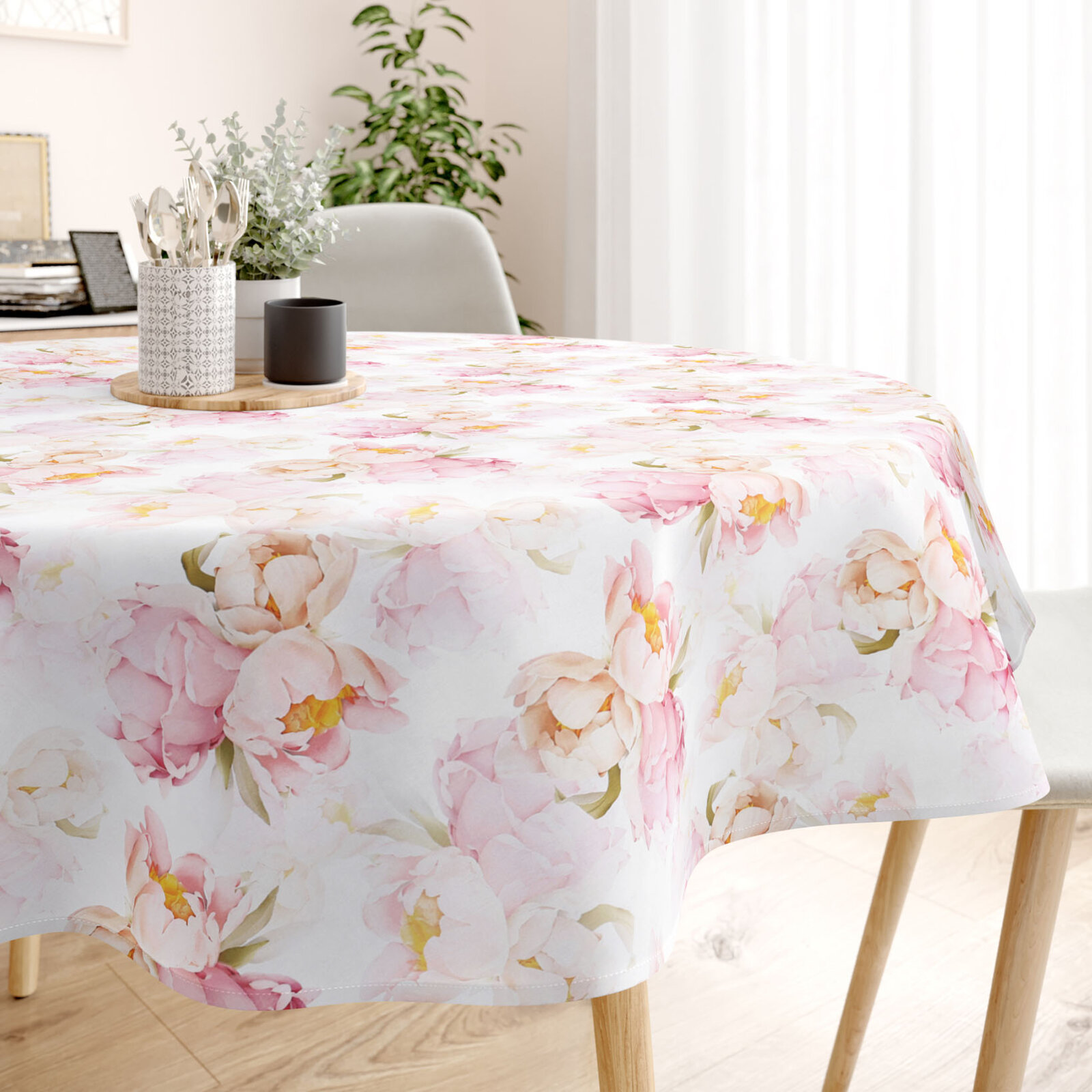 Runde Tischdecke 100% Baumwolle Deluxe - blühende Pfingstrosen