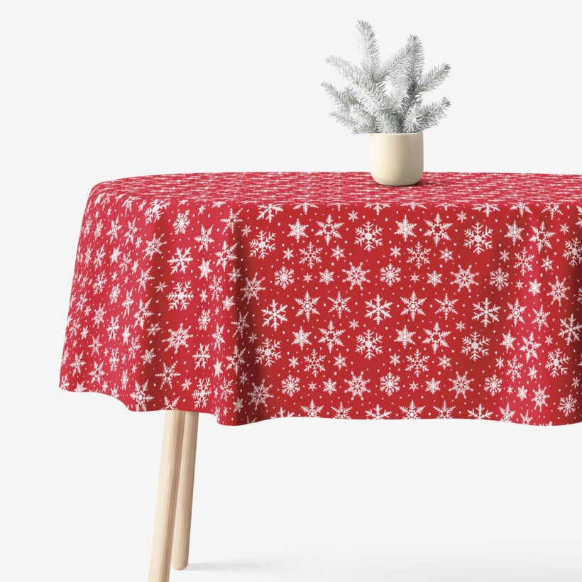 Ovale Weihnachts-Tischdecke Valencia – Weiße Flocken auf Rot