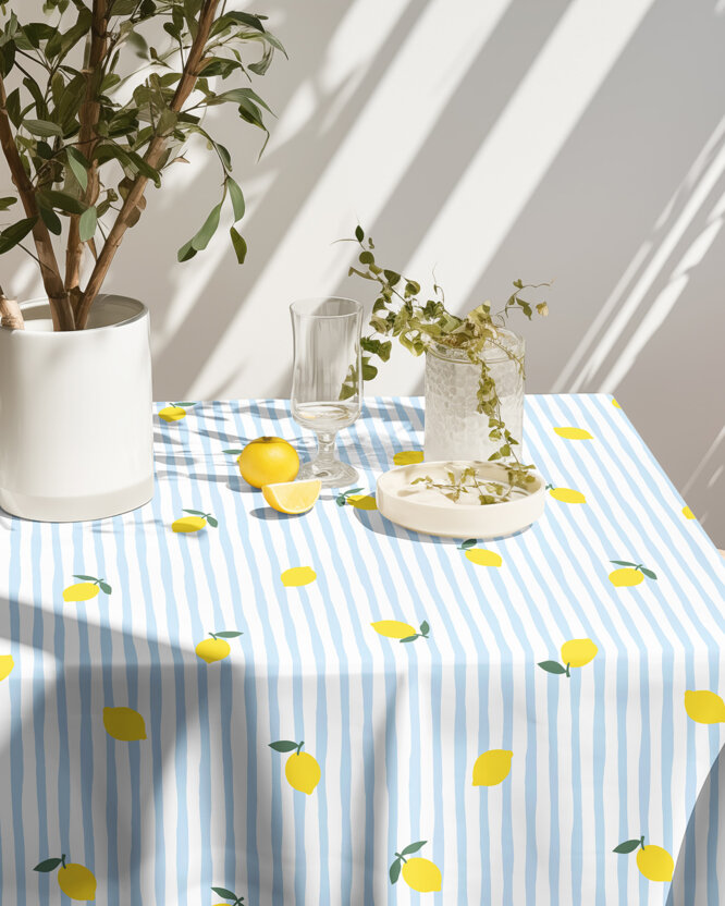 Eckige Tischdecke 100% Baumwolle - Frische Zitronen mit Streifen