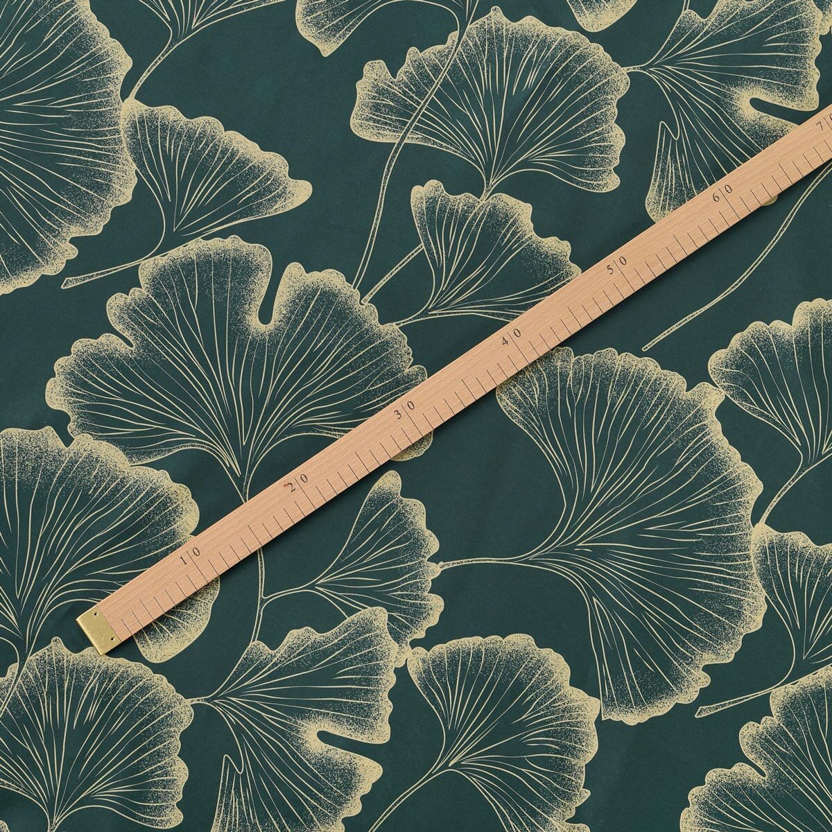 Mako-Satin - Ginkgoblätter auf Dunkelgrün