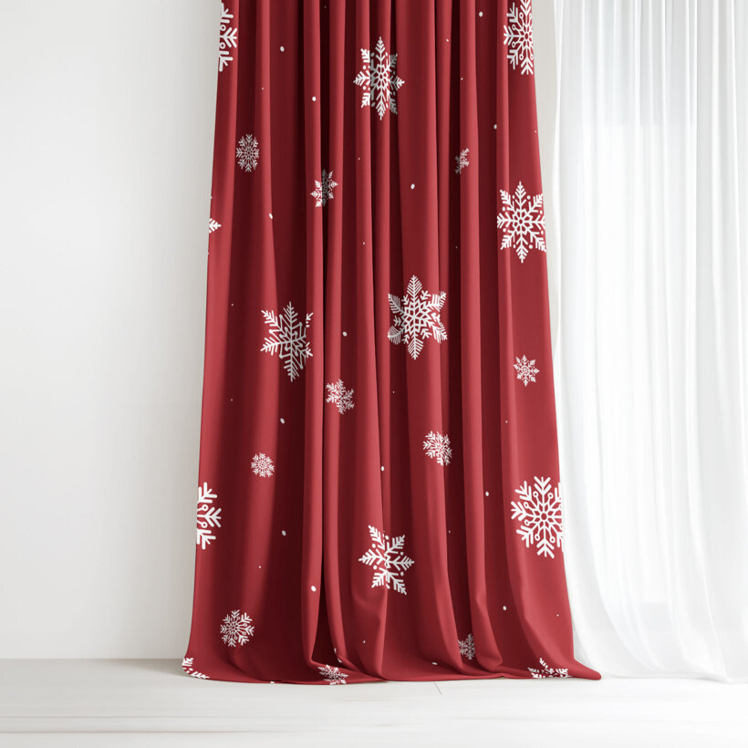 Weihnachtlicher Vorhang aus Baumwolle - Schneeflocken auf Rot
