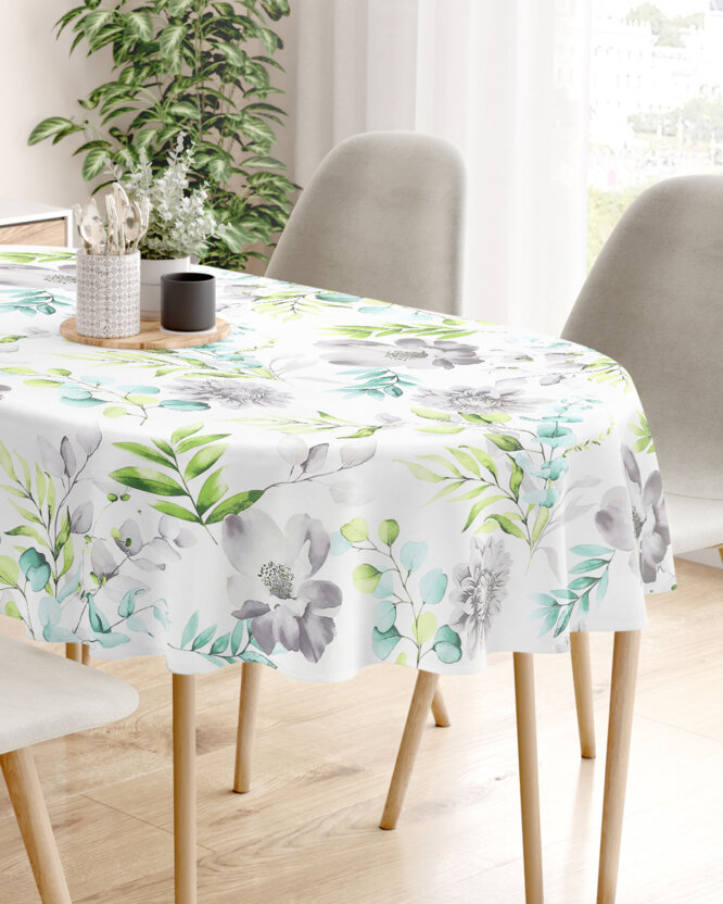 Ovale Tischdecke aus 100% Baumwolle Deluxe - Eukalyptus mit Blumen