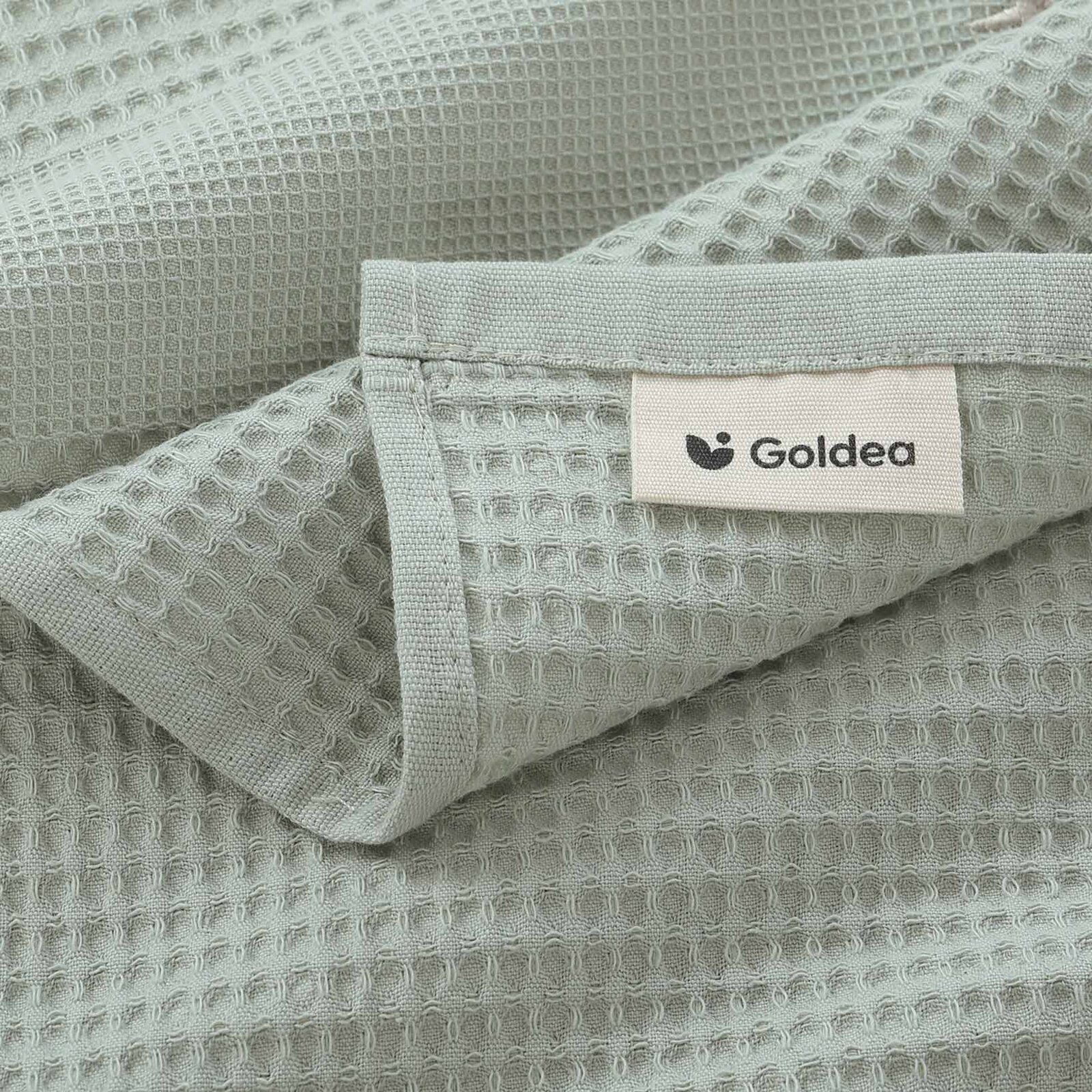 Waffel-Geschirrtuch mit Weihnachtsstickerei - Kugeln am Zweig auf Salbeigrün