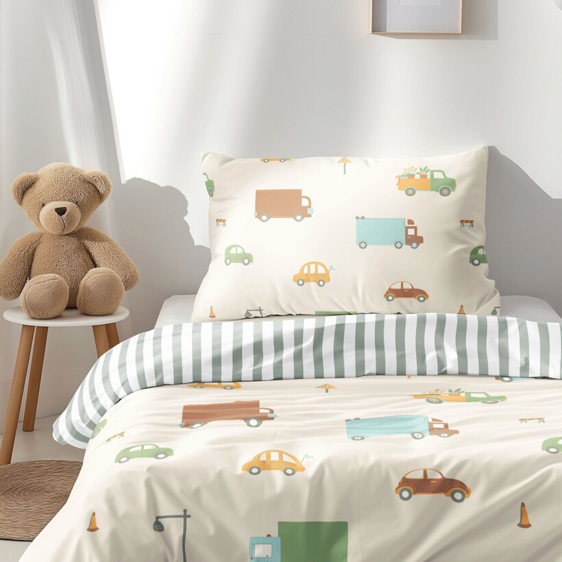 Kinder-Bettwäsche aus Baumwolle - Welt der Autos mit salbeigrüne Streifen