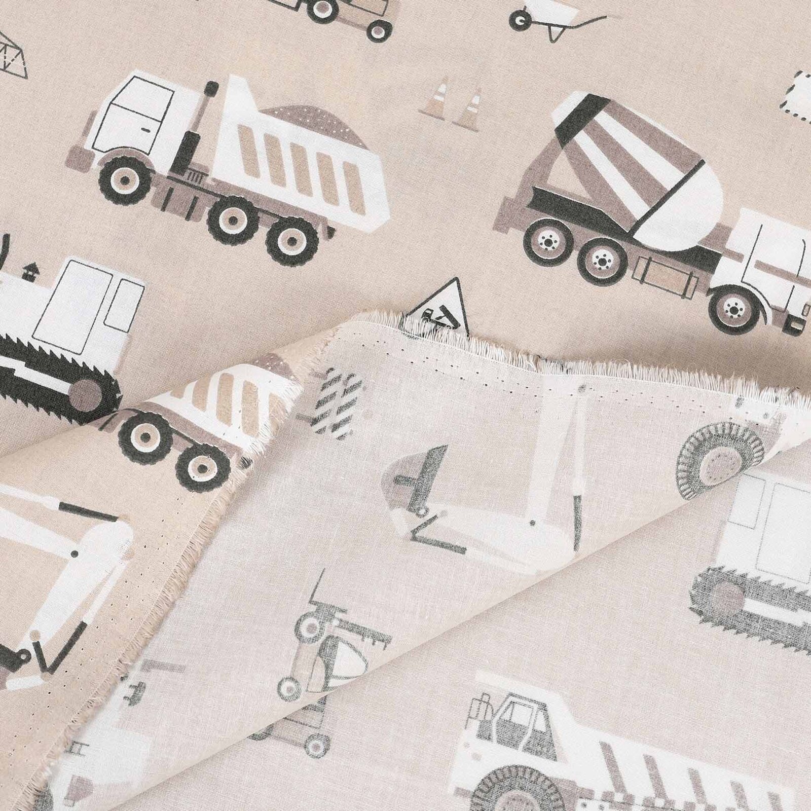 Baumwollstoff - Lastwagen und Bagger auf Beige