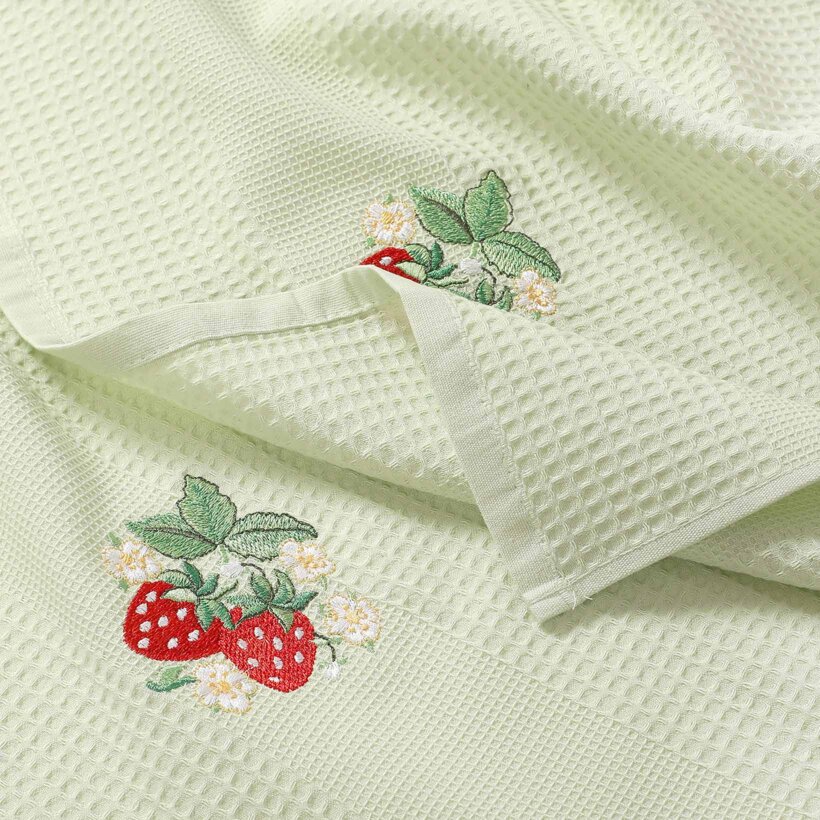 Waffel-Geschirrtuch mit Stickerei - Erdbeeren auf Grün
