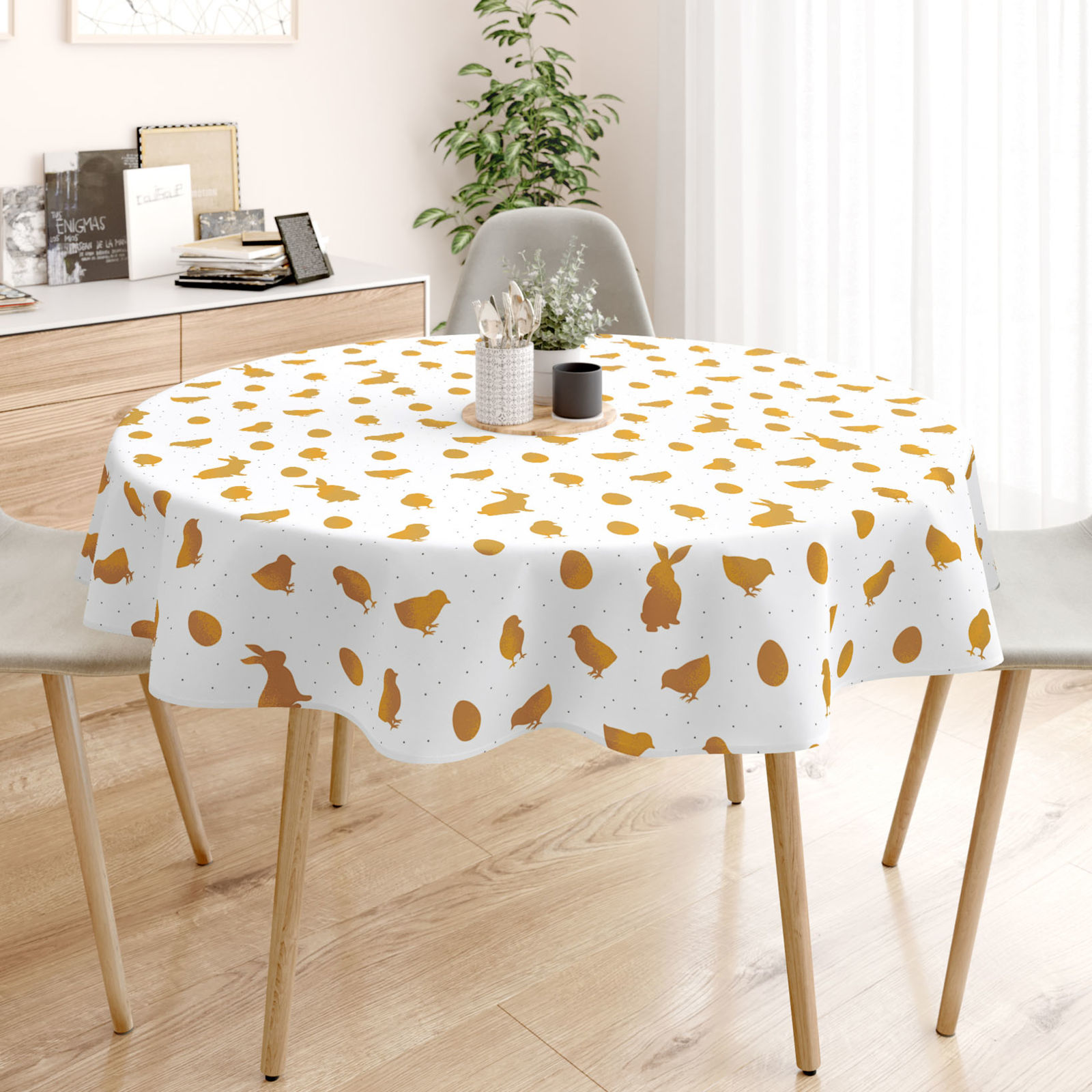 Runde Tischdecke Ostern aus fester Baumwolle - goldene Ostersymbole