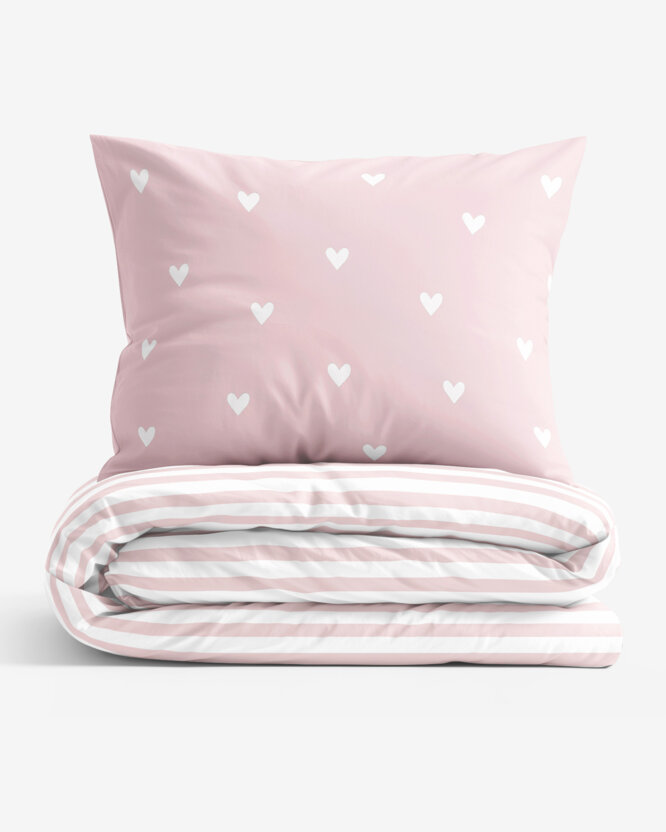 Bettwäsche aus Baumwolle - Herzen auf Puderrosa mit Streifen
