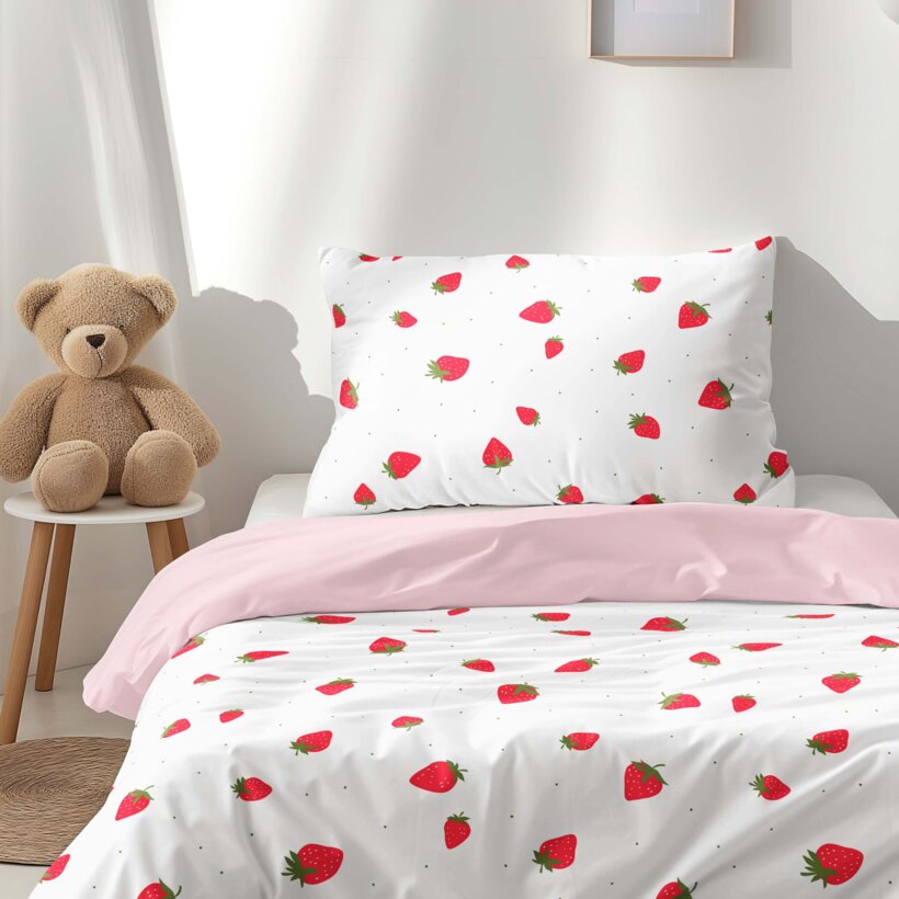 Kinder-Bettwäsche aus Baumwolle Duo - frische Erdbeeren mit Puderrosa