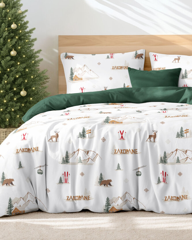 Weihnachts-Bettwäsche aus Baumwolle Duo - Zakopane mit Dunkelgrün