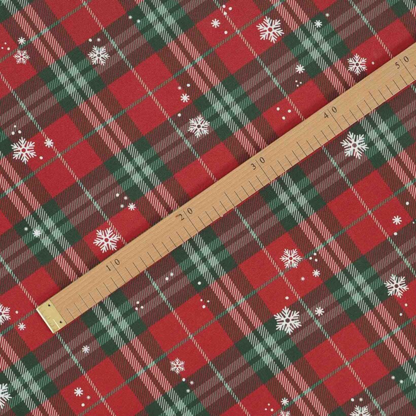 Weihnachtlicher Teflonstoff für Tischdecken – Rotkariert mit Schneeflocken