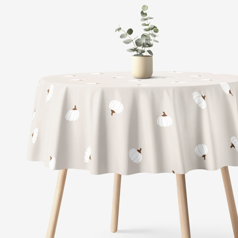 Runde Tischdecke 100% Baumwolle - Kürbisse auf Creme