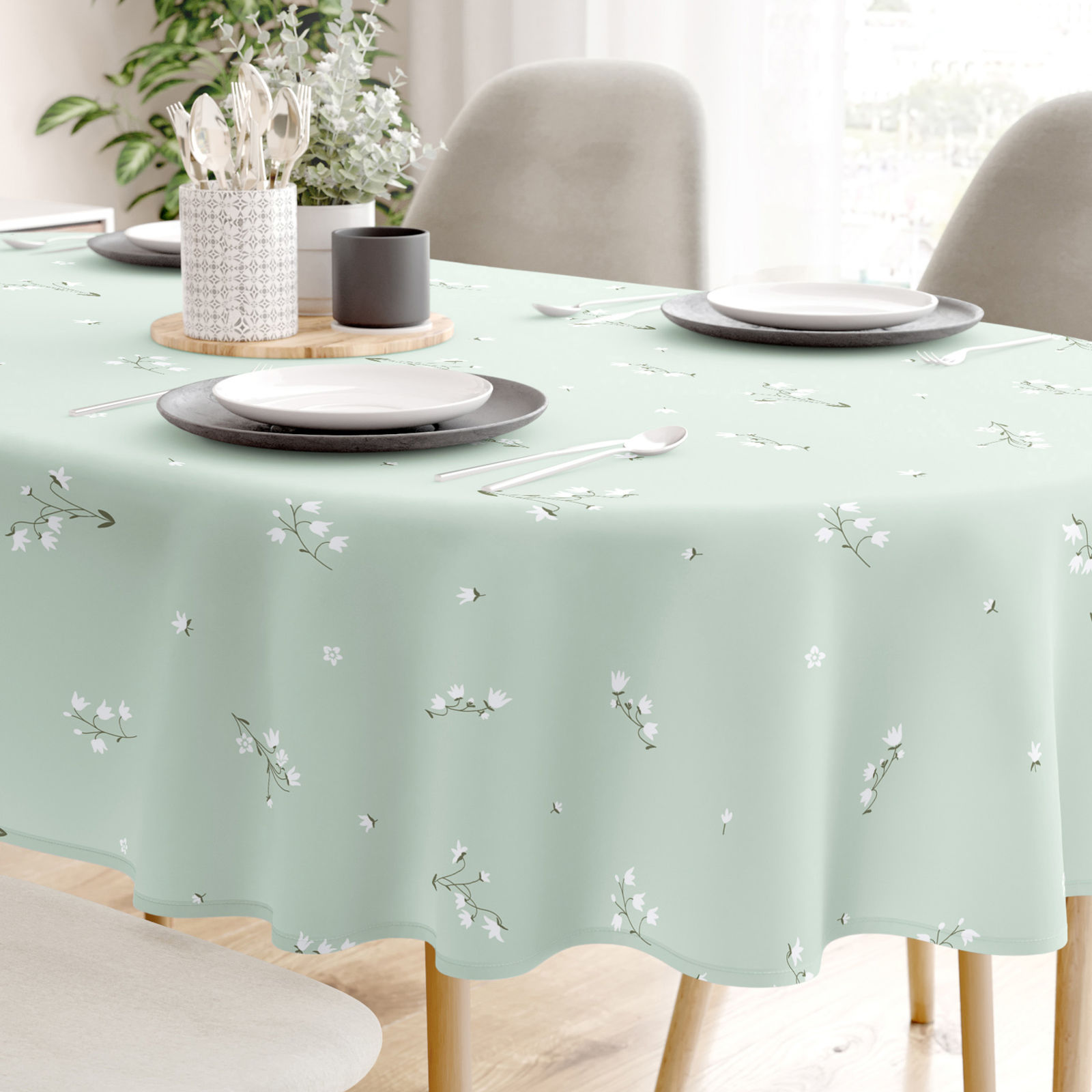 Ovale Tischdecke aus 100% Baumwolle - Maiglöckchen