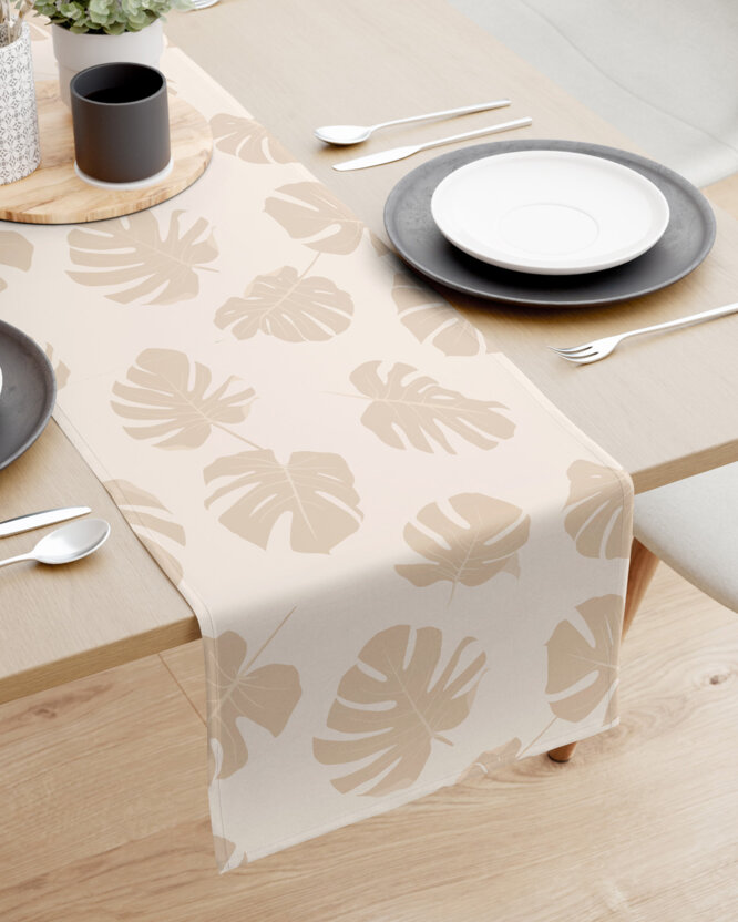 Tischläufer aus 100% Baumwolle - Tropische Blätter auf Beige