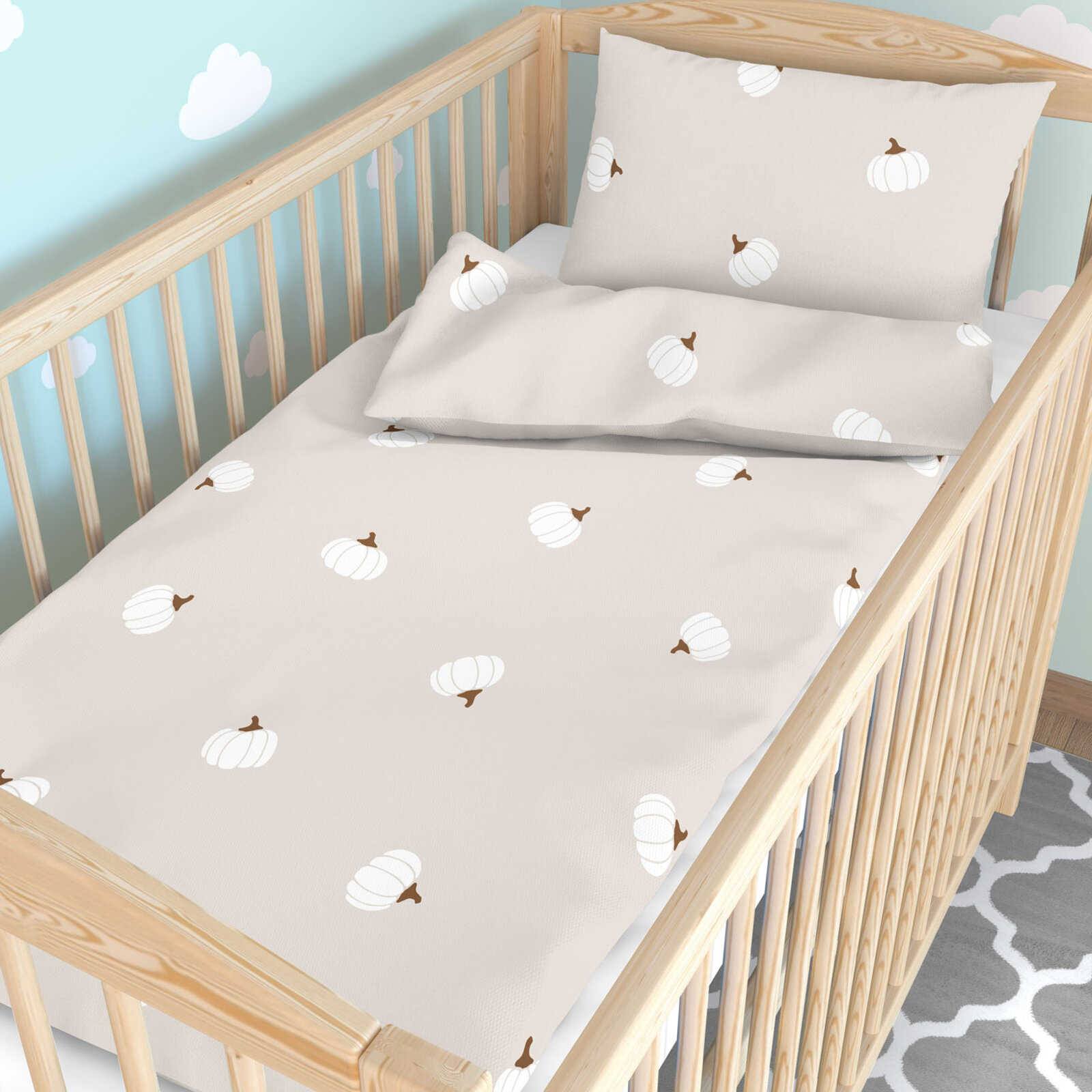 Bettwäsche für Babybetten aus Baumwolle - Kürbisse auf Creme