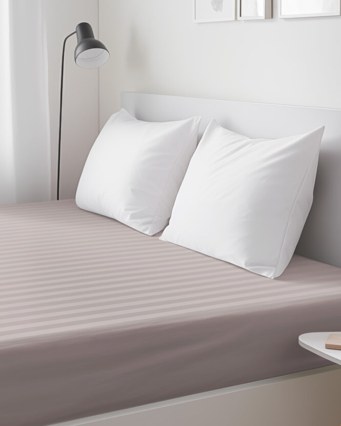 Spannbettlaken aus Damask - graubraun Streifen mit Satin-Glanz