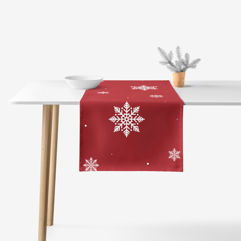 Weihnachtlicher Tischläufer aus 100% Baumwolle - Schneeflocken auf Rot
