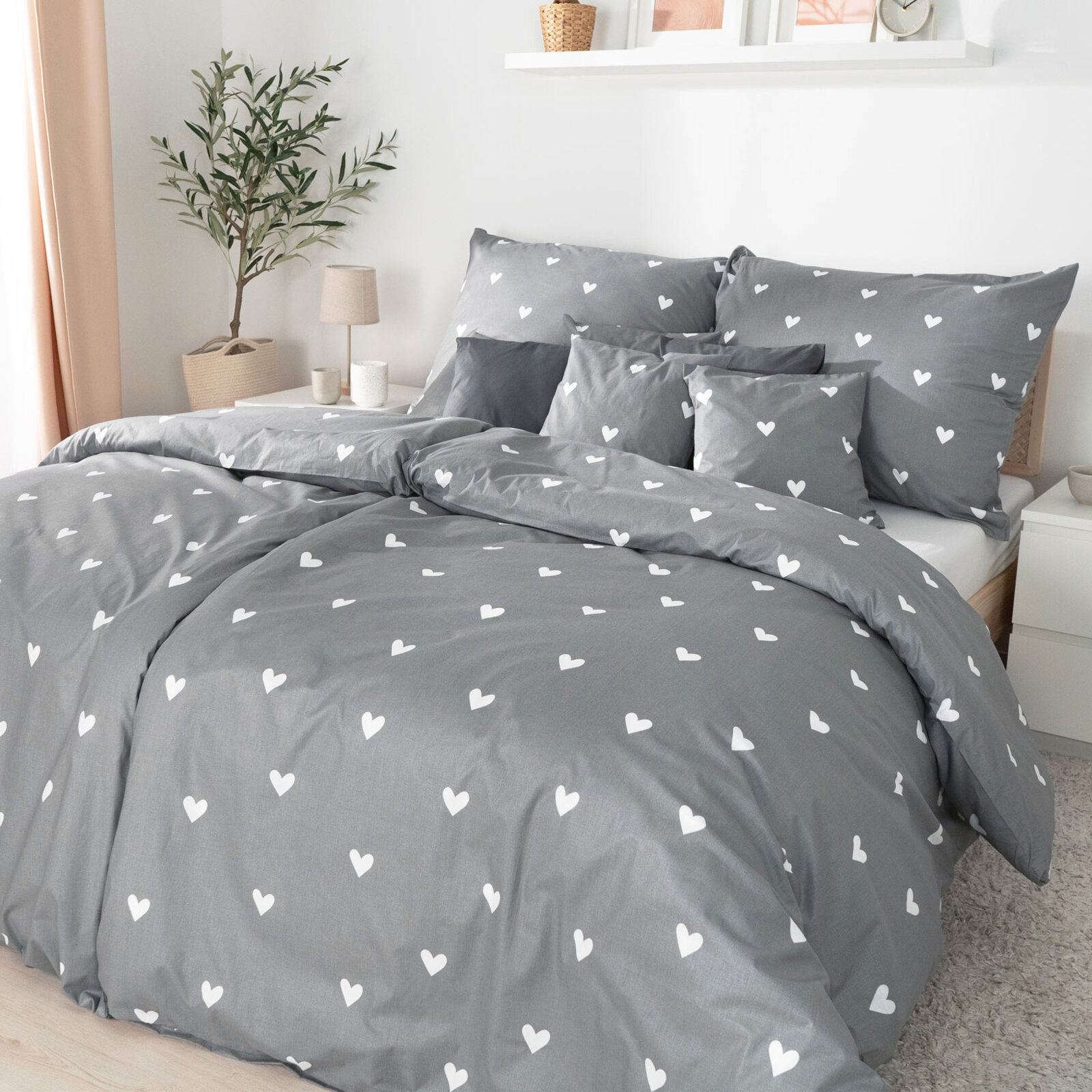 Bettwäsche aus Baumwolle - Herzchen auf Grau