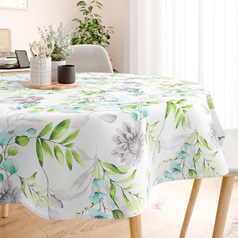 Runde Tischdecke 100% Baumwolle Deluxe - Eukalyptus mit Blumen
