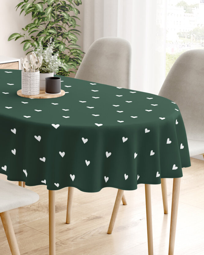 Ovale Weihnachts-Tischdecke aus 100% Baumwolle - Herzchen auf Dunkelgrün