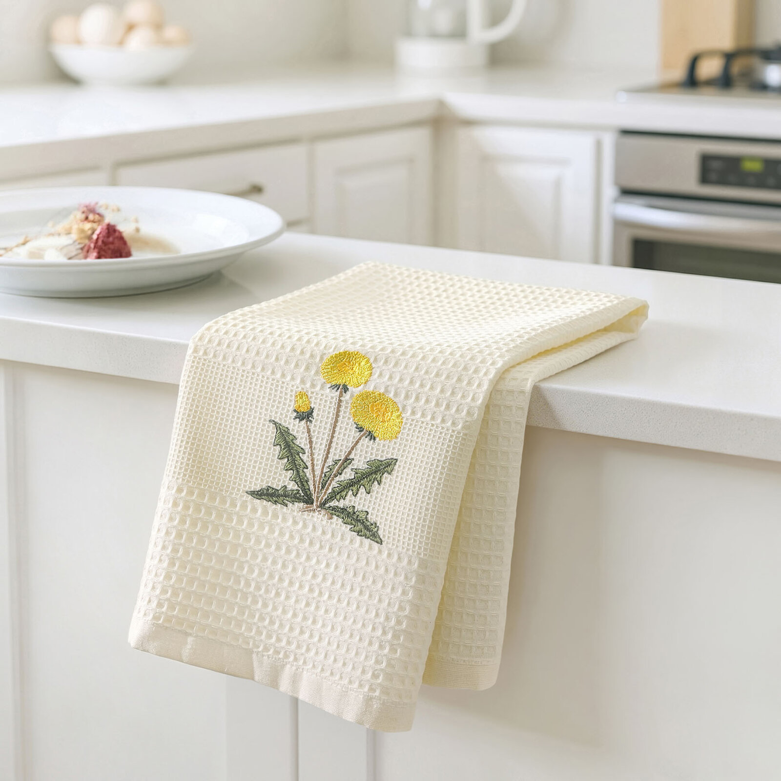 Waffel-Geschirrtuch mit Stickerei - Löwenzahn auf Creme