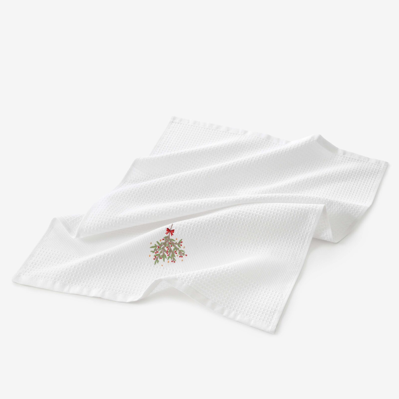 Waffel-Geschirrtuch mit Weihnachtsstickerei - Mistel auf weißem Grund