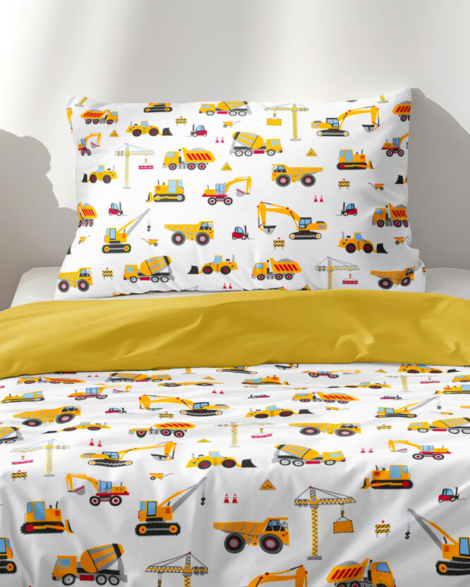 Kinder-Bettwäsche aus Baumwolle Duo - Lastwagen und Bagger mit Honiggelb