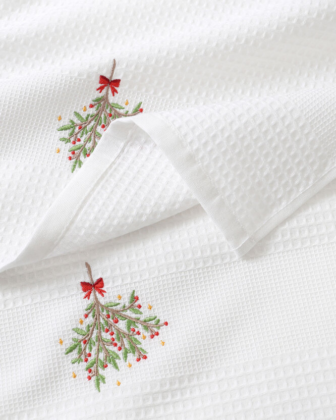 Waffel-Geschirrtuch mit Weihnachtsstickerei - Mistel auf weißem Grund
