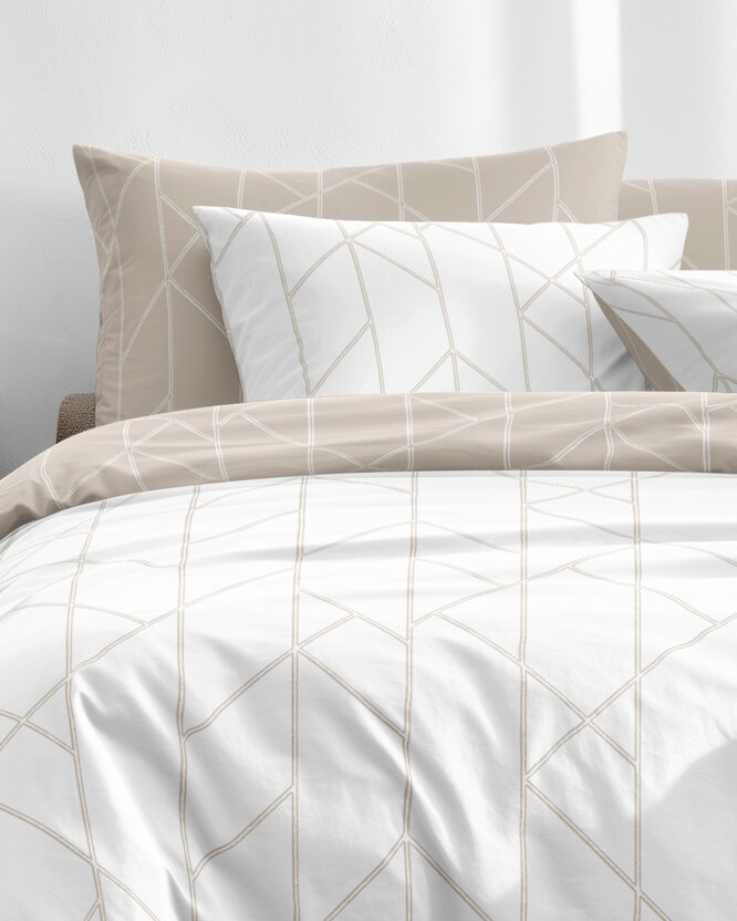 Bettwäsche aus Baumwolle - Geometrische Linien auf Weiß und Latte