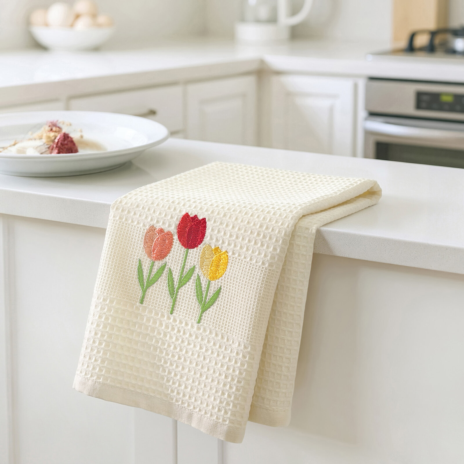 Waffel-Geschirrtuch mit Stickerei - Tulpen auf Creme