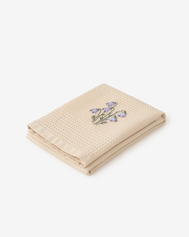 Waffel-Geschirrtuch mit Stickerei - Glockenblumen auf Beige