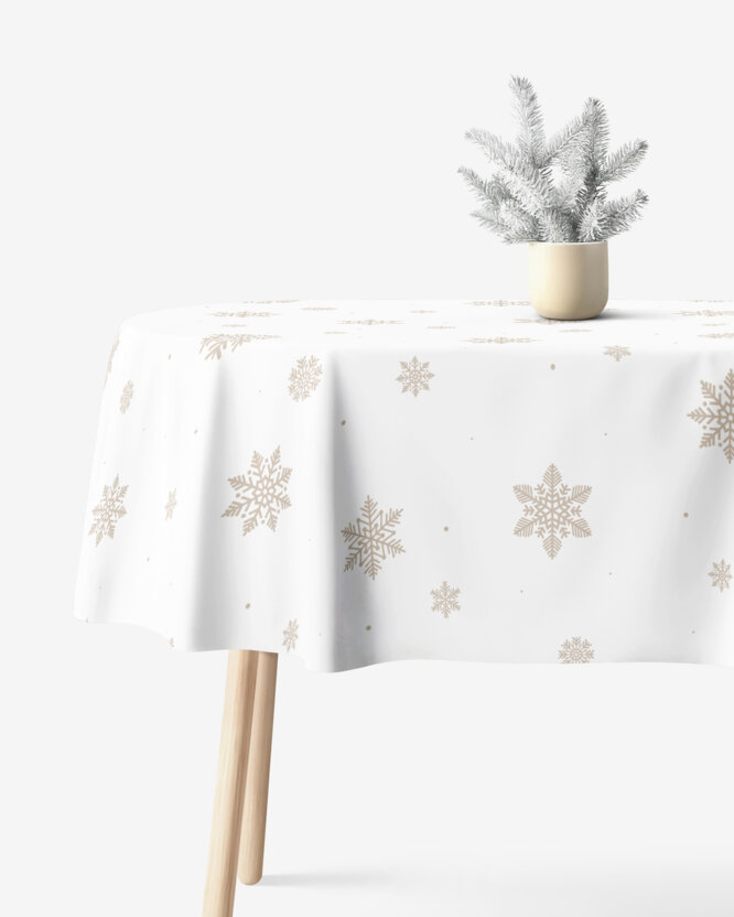 Ovale Weihnachts-Tischdecke aus 100% Baumwolle - Schneeflocken auf Weiß