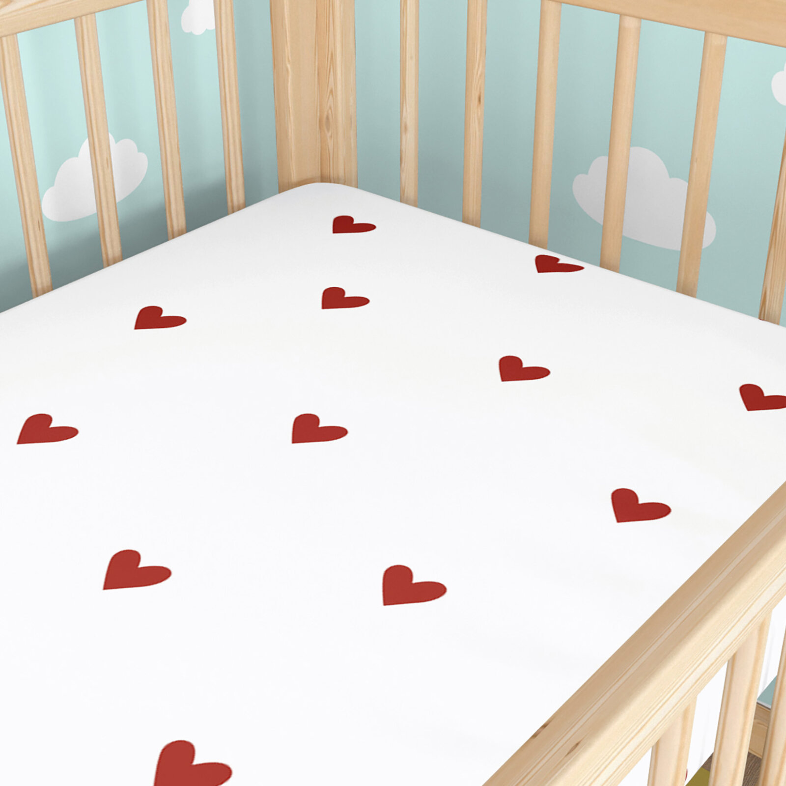 Spannbetttuch aus Baumwolle für Babybetten - Rote Herzchen auf Weiß