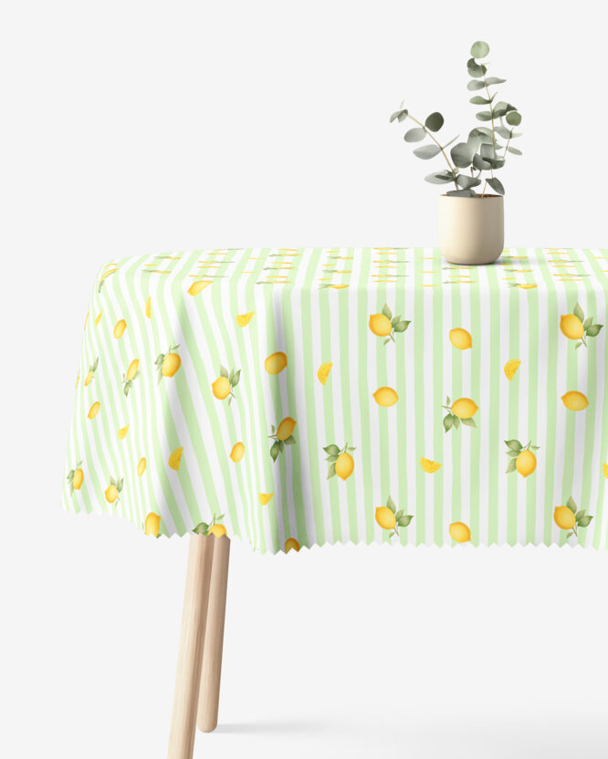 Ovale Tischdecke Teflon - grüne Streifen mit Zitronen