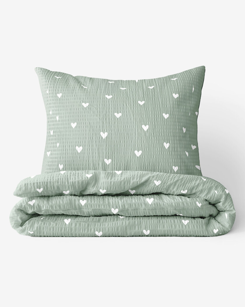 Seersucker Bettwäsche - Herzchen auf Salbeigrün