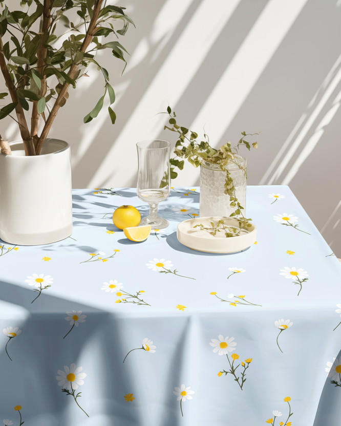 Eckige Tischdecke 100% Baumwolle - Kamille auf Hellblau
