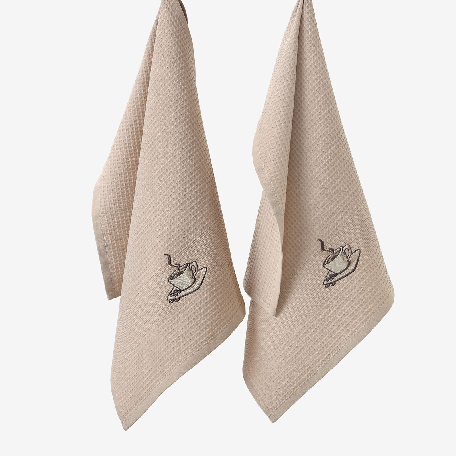 Waffel-Geschirrtuch mit Stickerei - Kaffee auf Braun