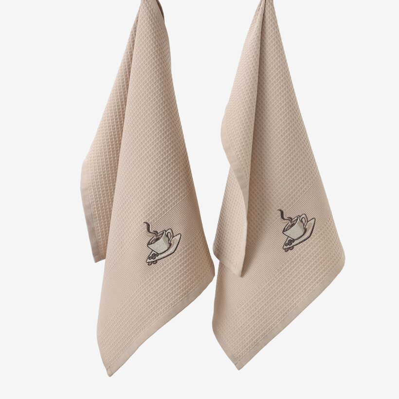 Waffel-Geschirrtuch mit Stickerei - Kaffee auf Braun