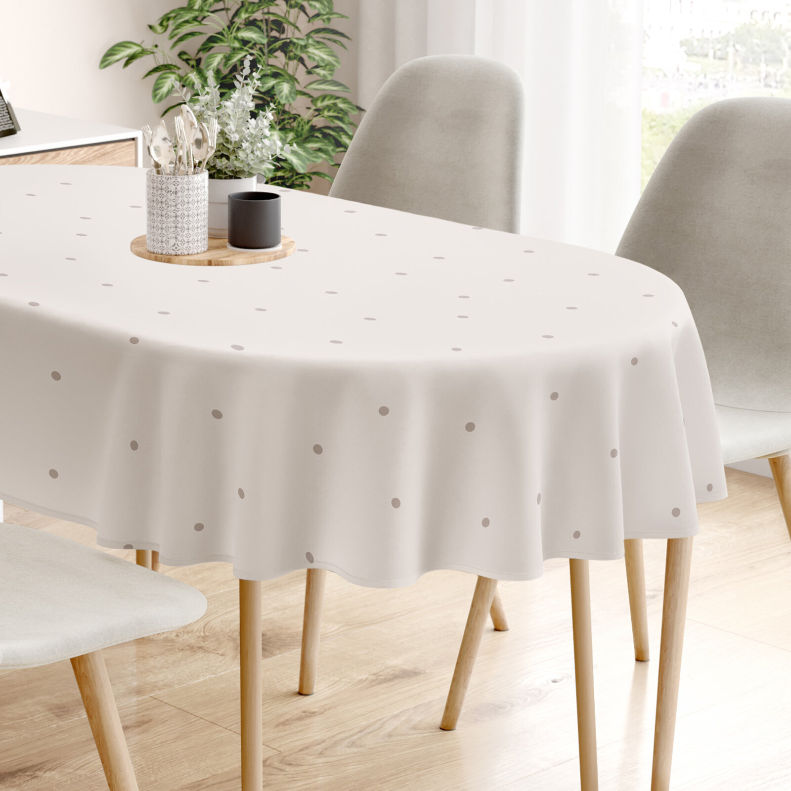 Ovale Tischdecke aus 100% Baumwolle - Pünktchen auf Beige