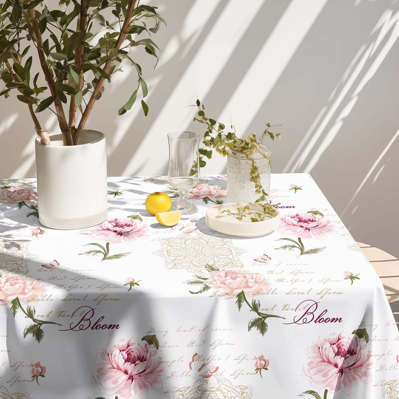 Eckige Tischdecke 100% Baumwolle - Pfingstrosen und Schriftzügen