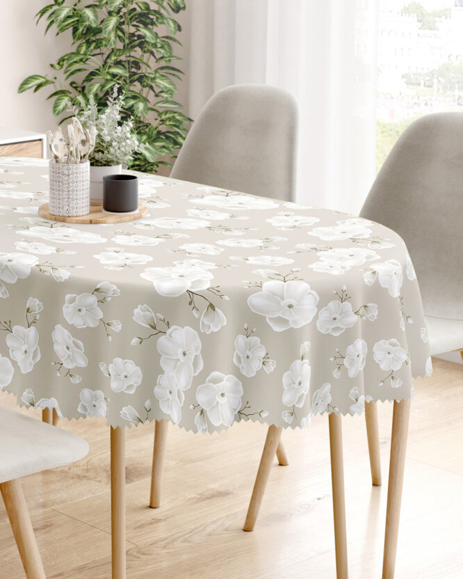 Ovale Tischdecke Teflon - weiße Blumen