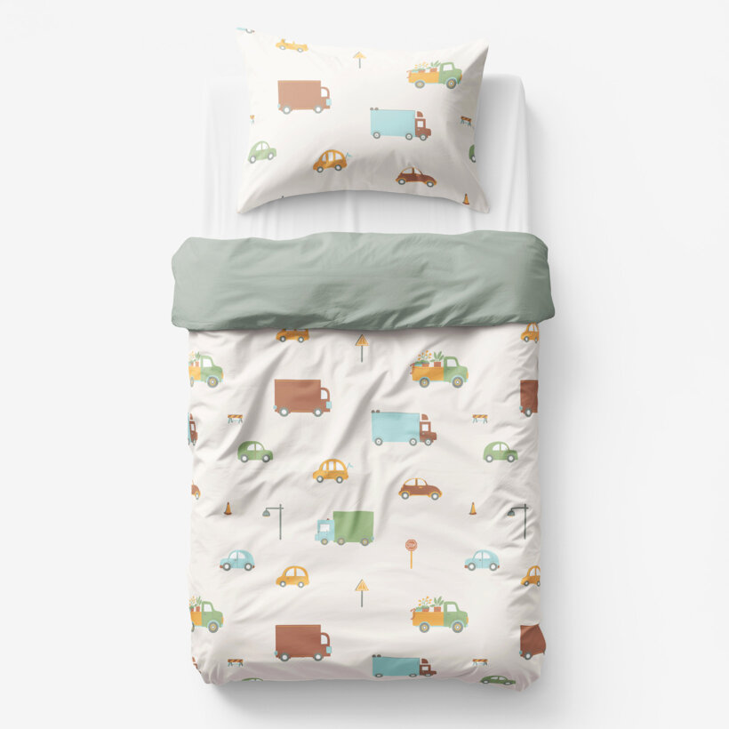 Kinder-Bettwäsche aus Baumwolle Duo - Welt der Autos mit Salbeigrün