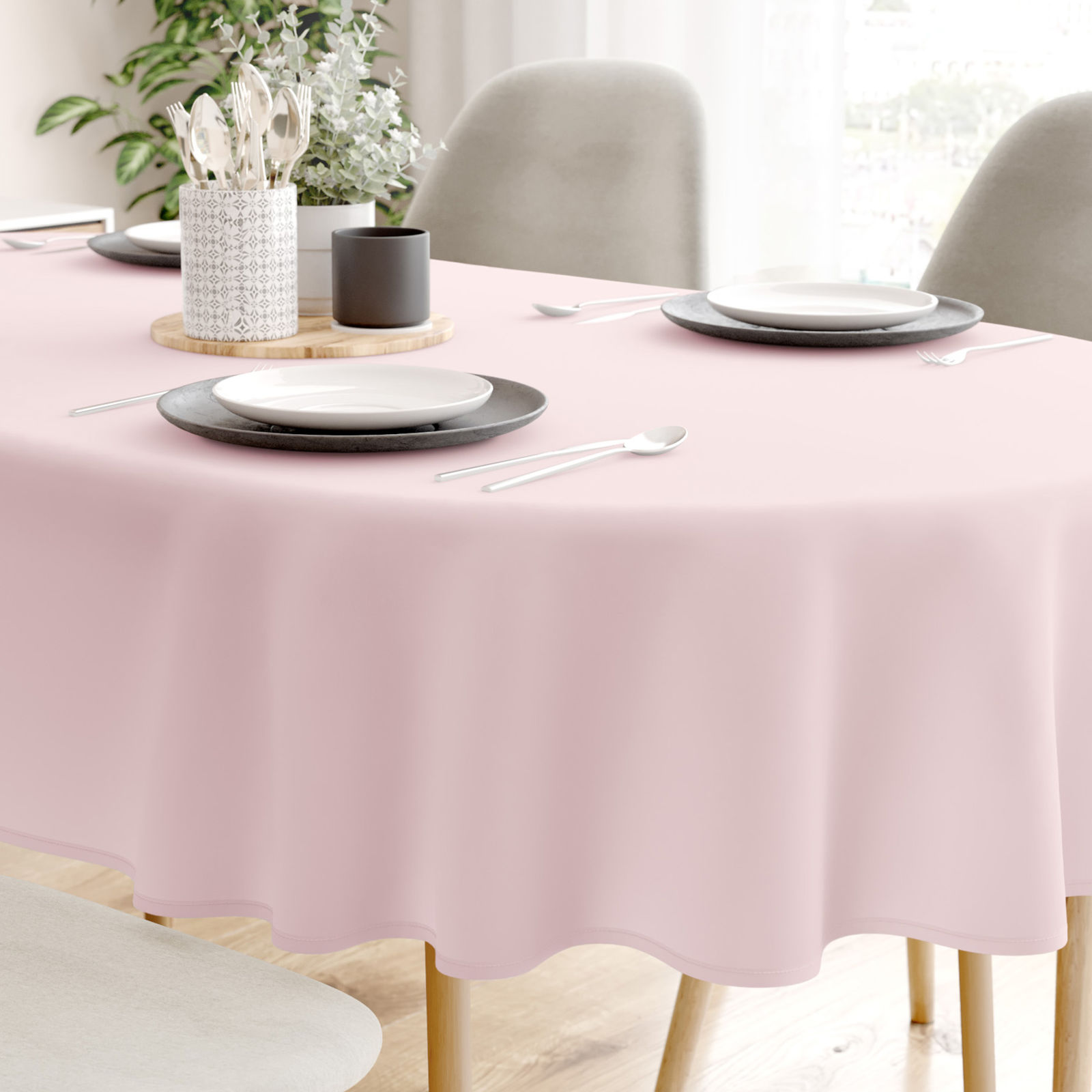 Ovale Tischdecke aus 100% Baumwolle - puderrosa