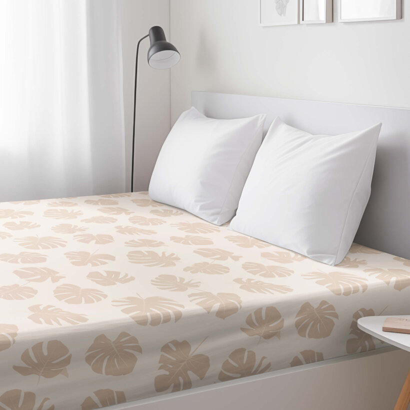 Spannbettlaken aus Baumwolle - Tropische Blätter auf Beige