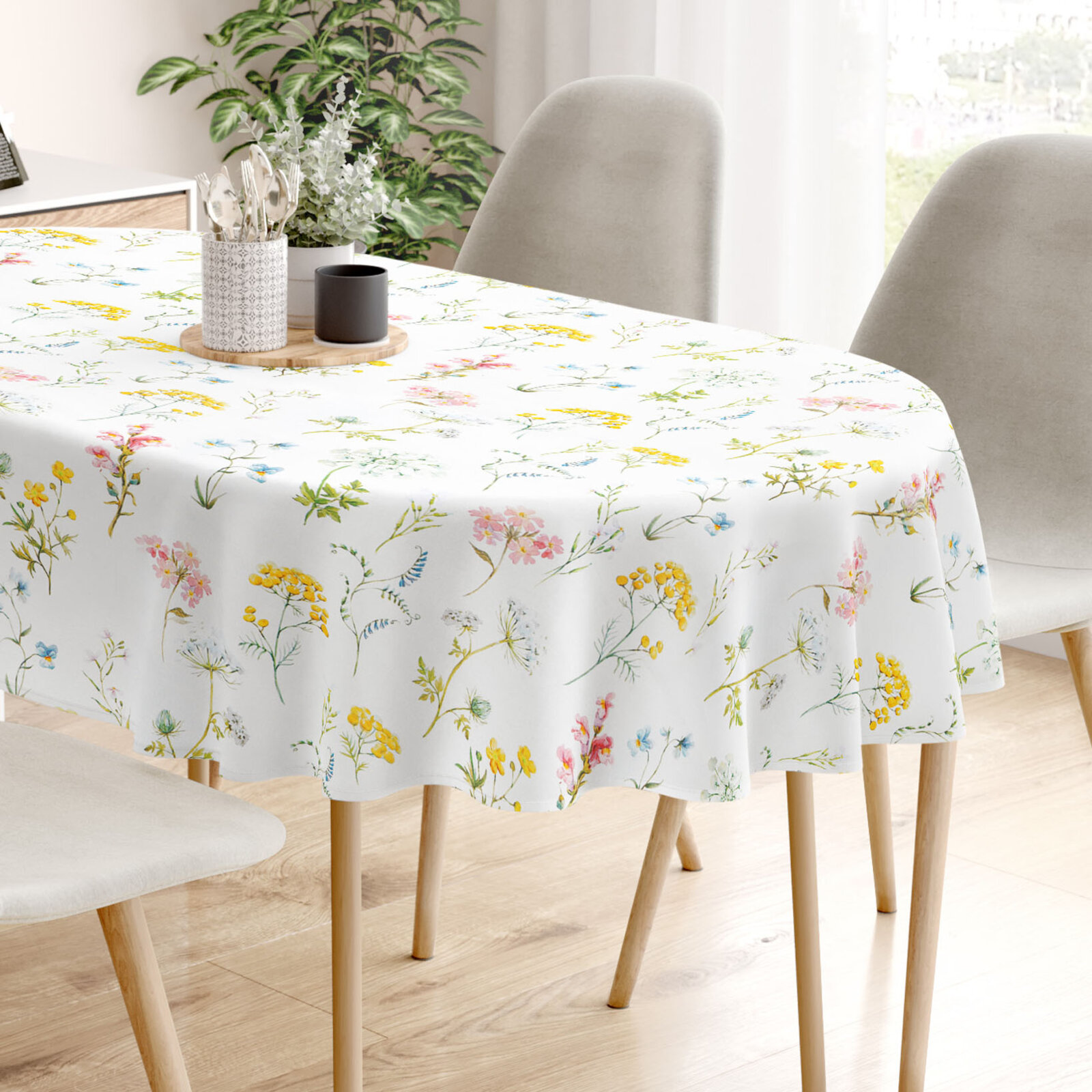 Ovale Tischdecke aus 100% Baumwolle Deluxe - blühender Frühling
